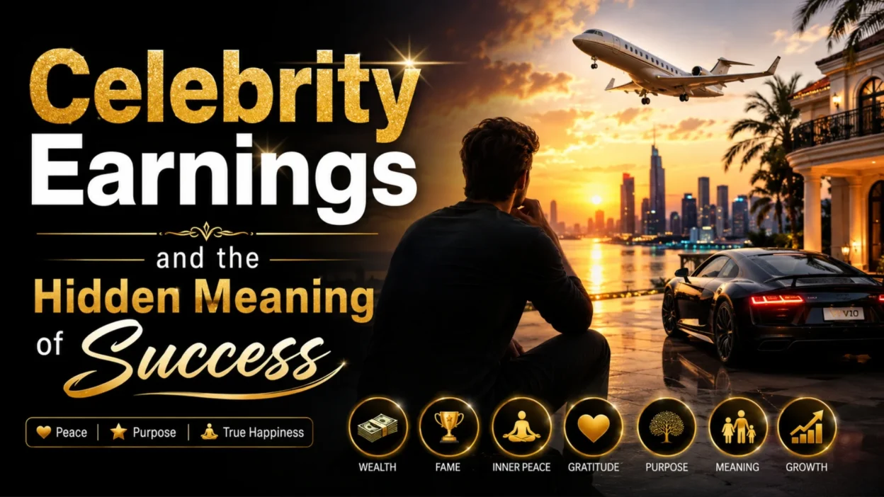 A luxury-inspired scene showing a man reflecting on success beside a sports car and private jet at sunset, symbolizing celebrity earnings and inner peace.
