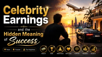 A luxury-inspired scene showing a man reflecting on success beside a sports car and private jet at sunset, symbolizing celebrity earnings and inner peace.