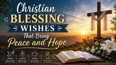 Inspirational Christian blessing image featuring a wooden cross at sunrise, an open Bible, white flowers, and peaceful faith-filled text about hope, love, and God’s blessings.
