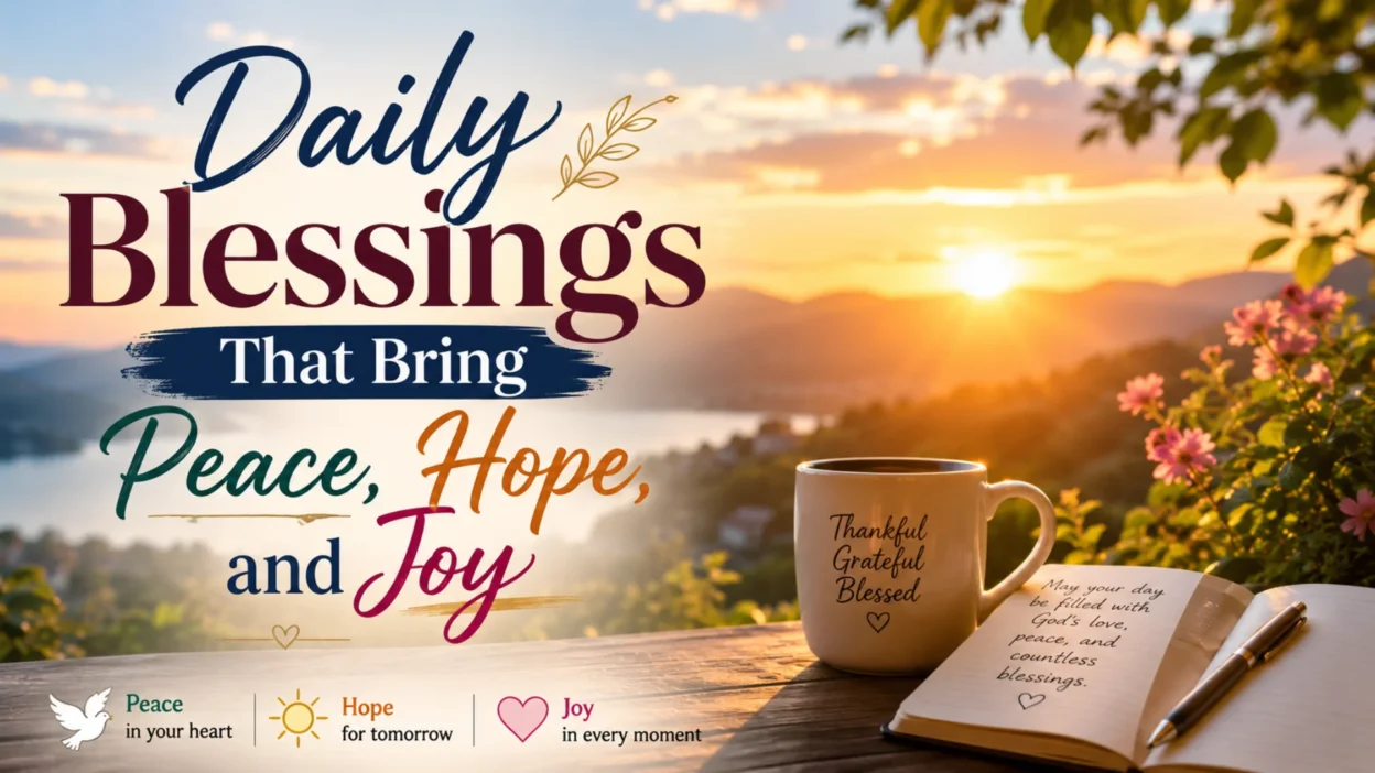 Inspirational sunrise scene with the text “Daily Blessings That Bring Peace, Hope, and Joy,” featuring a peaceful lake view, warm sunlight, flowers, a coffee mug, and an open journal with uplifting spiritual messages.