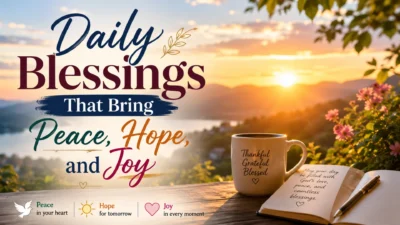 Inspirational sunrise scene with the text “Daily Blessings That Bring Peace, Hope, and Joy,” featuring a peaceful lake view, warm sunlight, flowers, a coffee mug, and an open journal with uplifting spiritual messages.