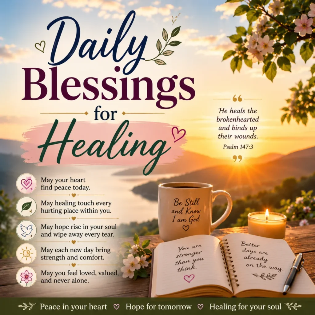 Inspirational healing-themed image featuring a peaceful sunrise over a lake with the text “Daily Blessings for Healing,” alongside comforting spiritual quotes, a candle, a coffee mug, and an open journal filled with uplifting messages.
