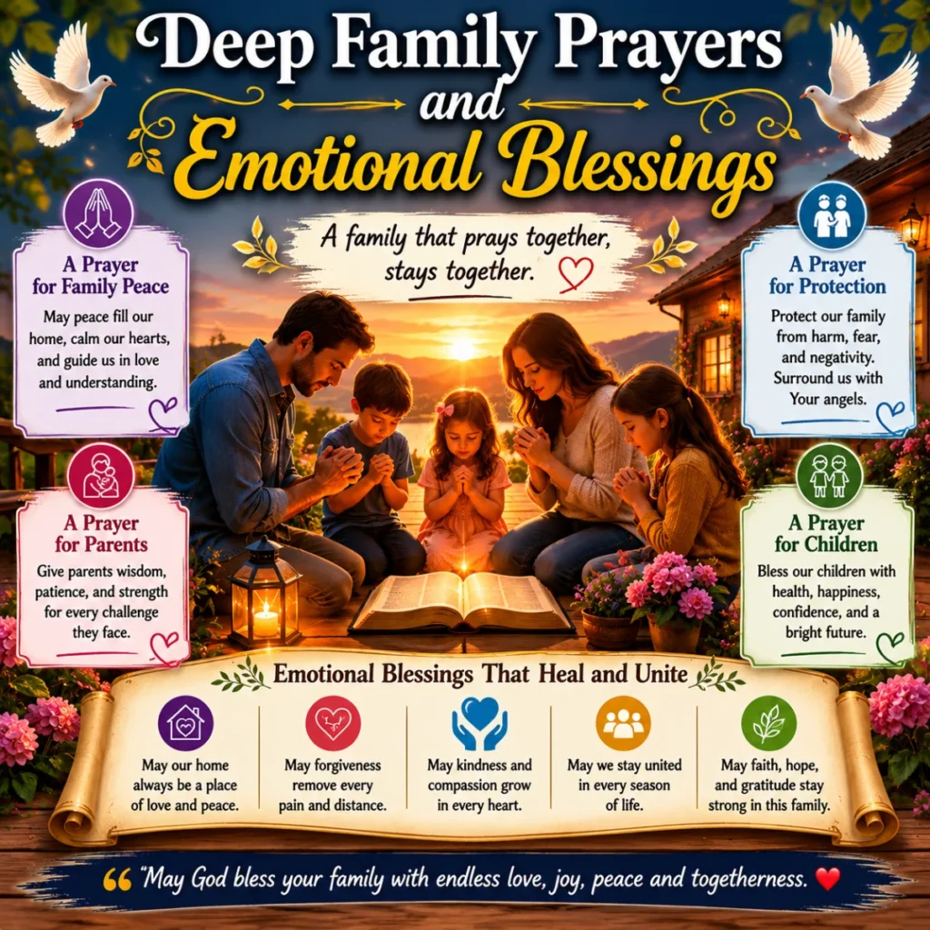 A loving family kneels together in prayer beside a glowing sunset lake, surrounded by inspirational text about deep family prayers, emotional blessings, healing, peace, and unity.