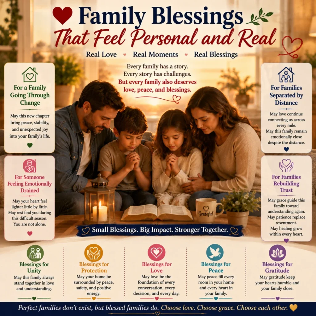 A loving family sits together in a cozy home praying around an open book, surrounded by heartfelt family blessing messages about love, healing, unity, peace, and emotional support.