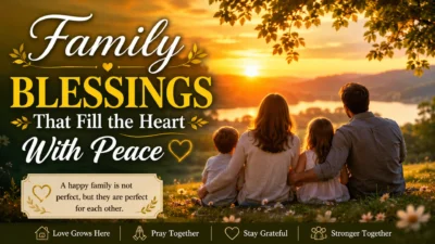 A peaceful family sits together on a grassy hill during a golden sunset, surrounded by nature, with inspirational text about family blessings and peace.