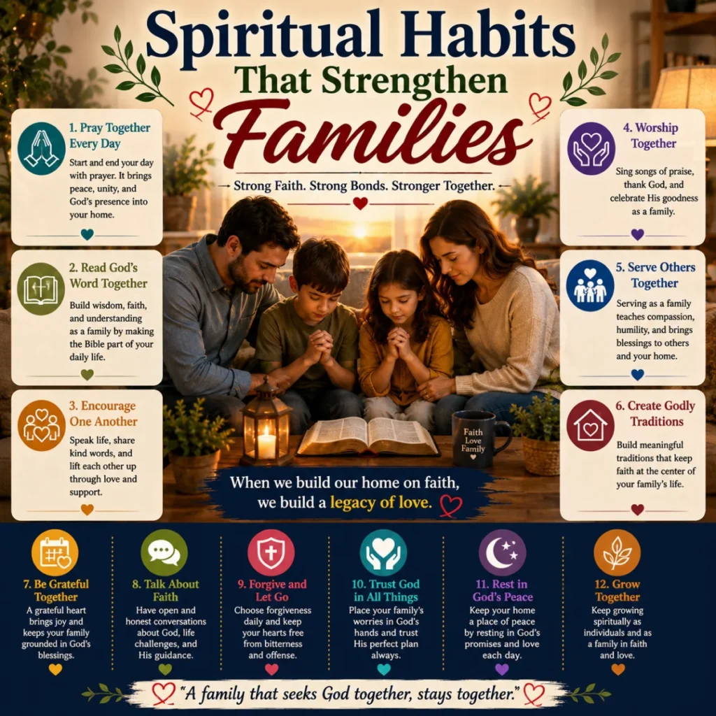 A loving family prays together around an open Bible in a cozy home, surrounded by inspirational spiritual habits that strengthen families through faith, gratitude, forgiveness, and unity.