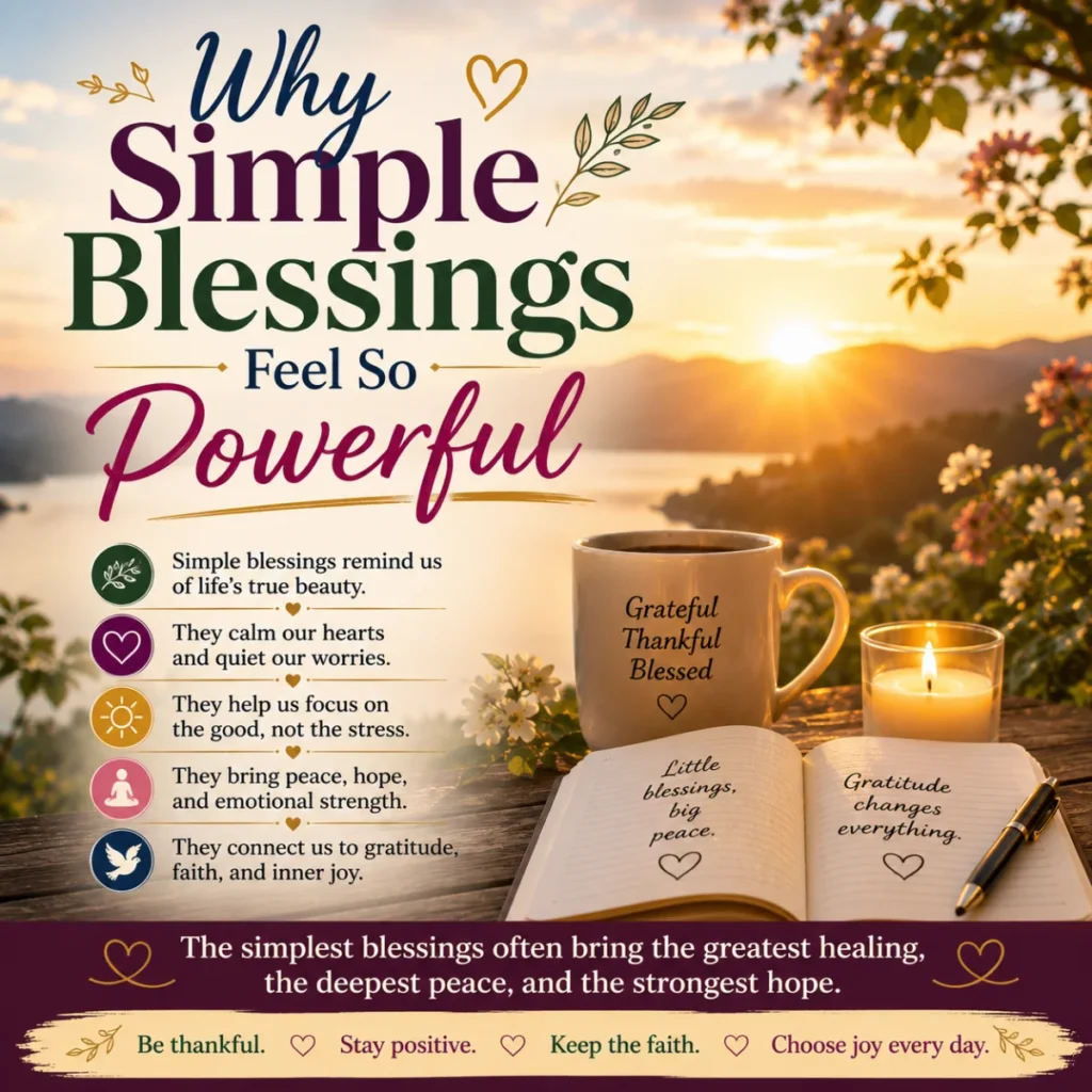 Inspirational square image featuring the phrase “Why Simple Blessings Feel So Powerful” over a peaceful sunrise lake scene with flowers, a candle, coffee mug, and journal promoting gratitude, healing, and emotional peace.