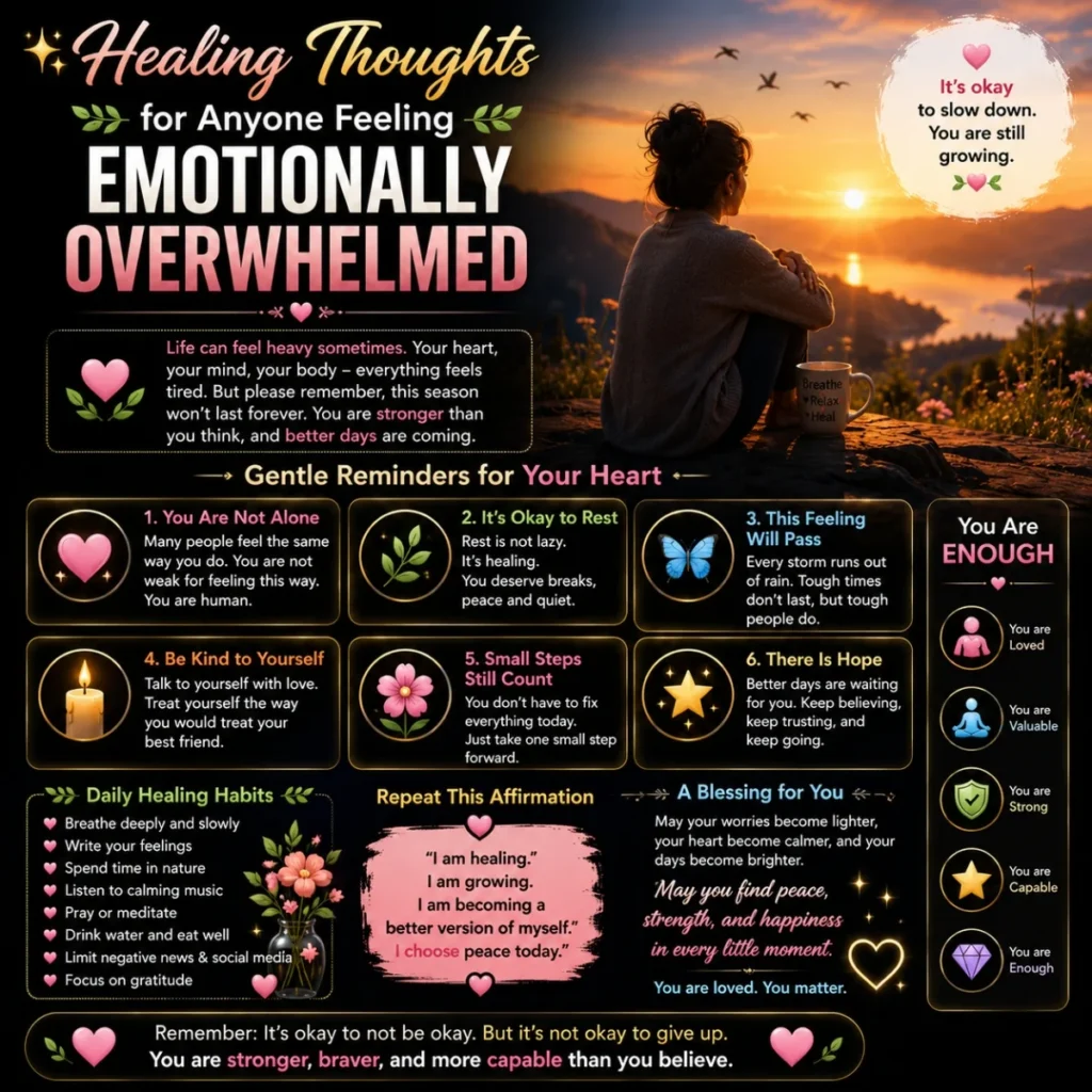A calming inspirational poster showing healing thoughts, emotional support, peaceful affirmations, and self-care reminders at sunset.