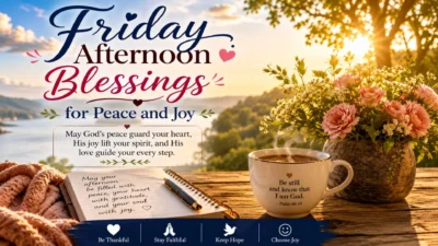 Friday afternoon blessings image with coffee, flowers, sunset, and peaceful inspirational quotes