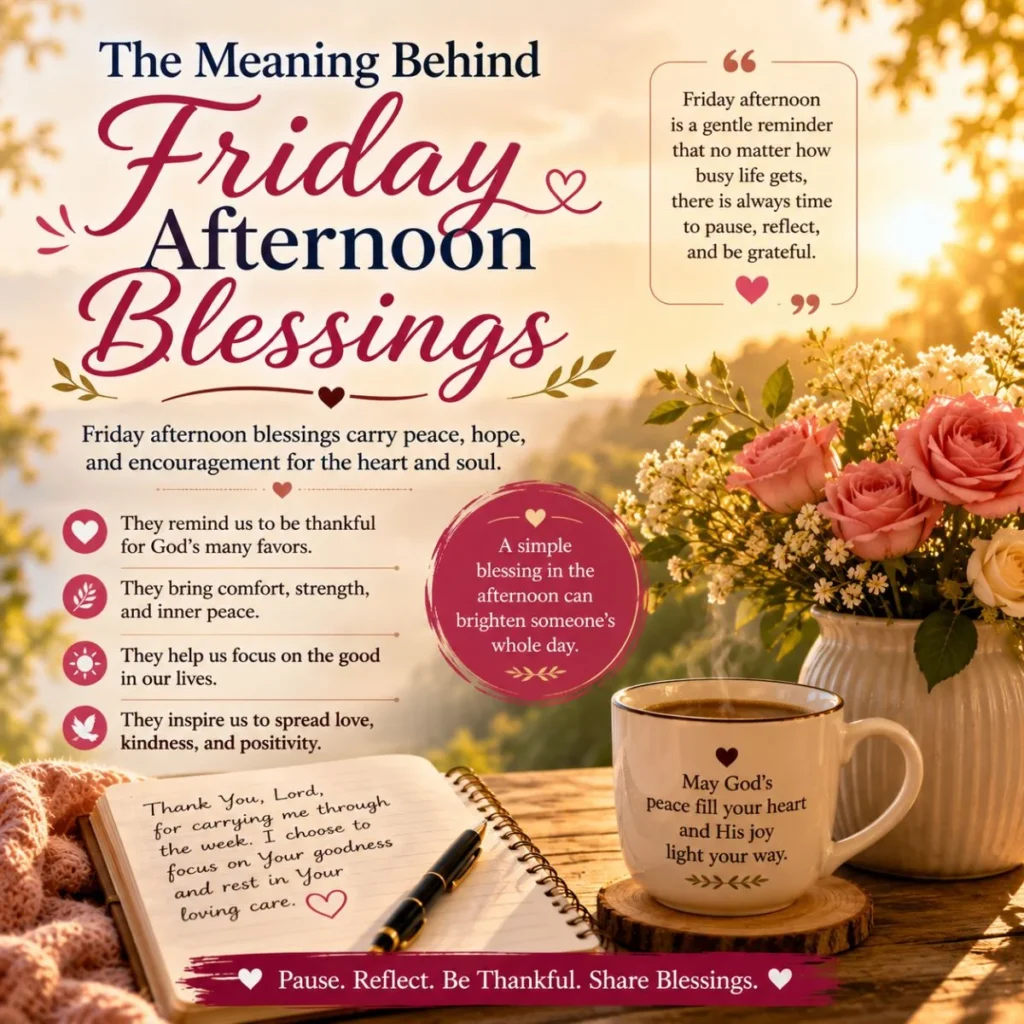 The meaning behind Friday afternoon blessings image with flowers, coffee, sunlight, and inspirational quotes