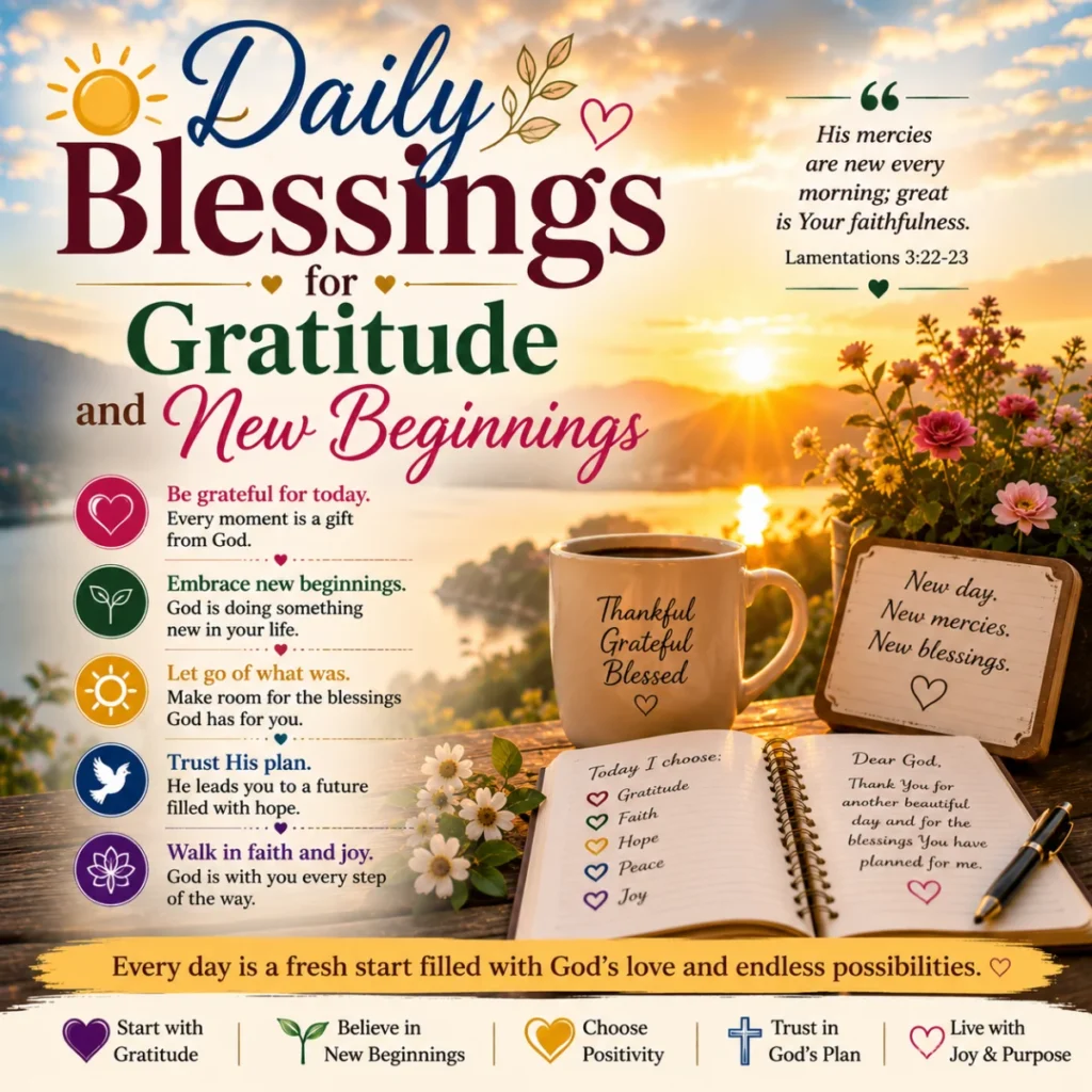 Inspirational square image featuring the text “Daily Blessings for Gratitude and New Beginnings” over a glowing sunrise lake scene with flowers, a gratitude coffee mug, notebook, and uplifting spiritual messages about hope and fresh starts.