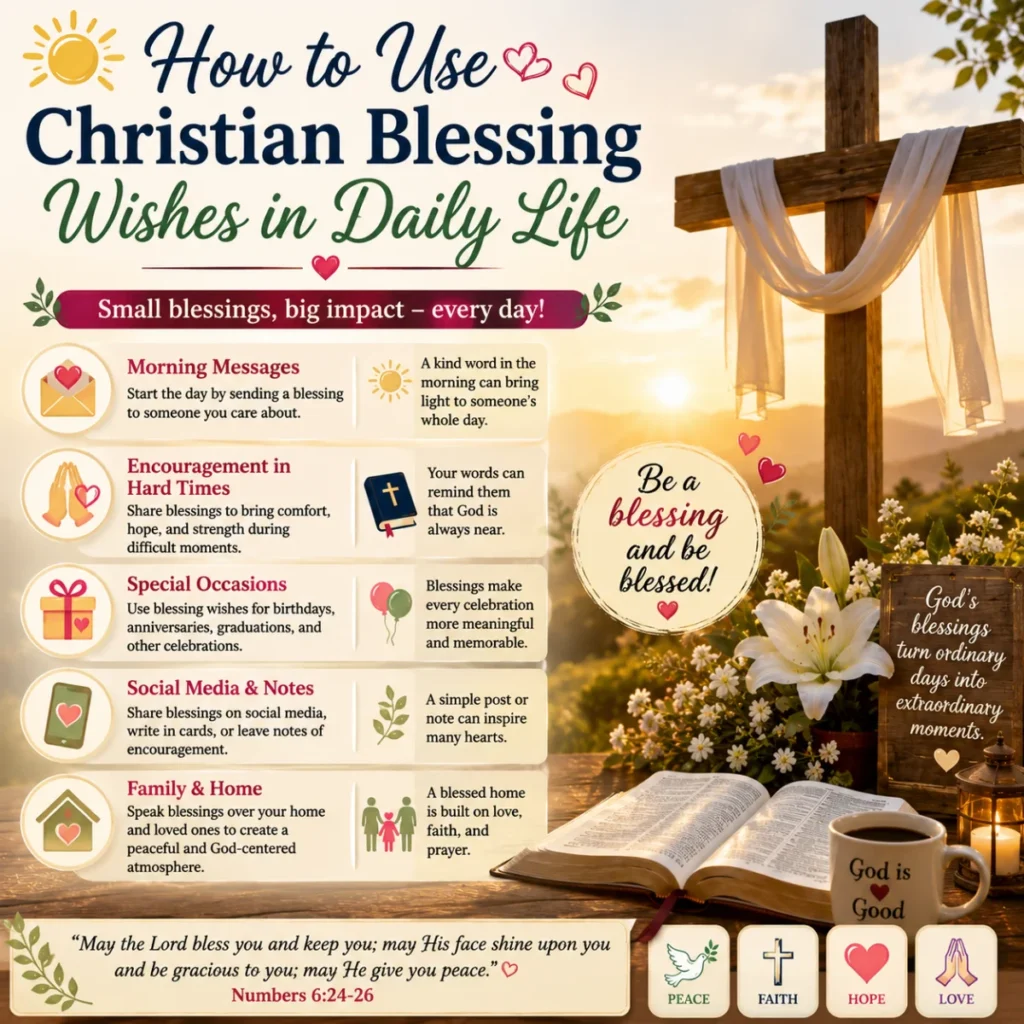 Inspirational Christian infographic featuring a sunrise, wooden cross, open Bible, flowers, and faith-based tips for using blessing wishes in daily life.