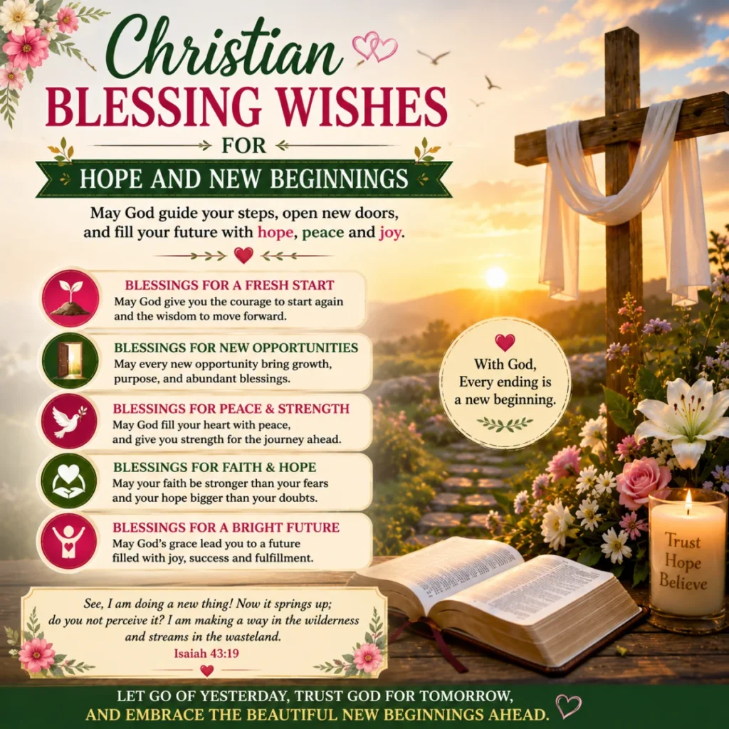 Inspirational Christian poster featuring sunrise landscape, wooden cross with draped cloth, open Bible, flowers, and uplifting messages about hope, faith, and new beginnings.