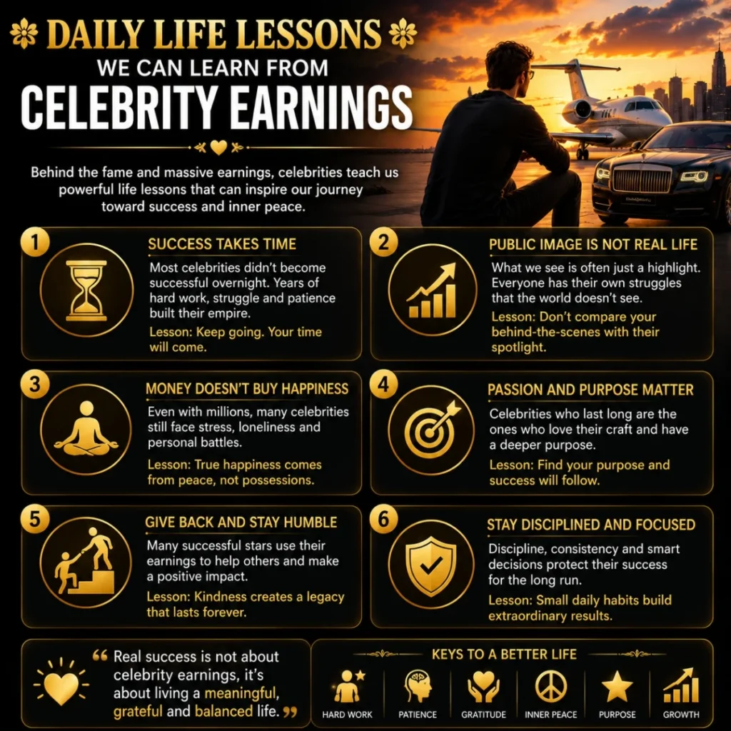 An inspirational infographic showing daily life lessons connected to celebrity earnings, success, patience, gratitude, and personal growth.