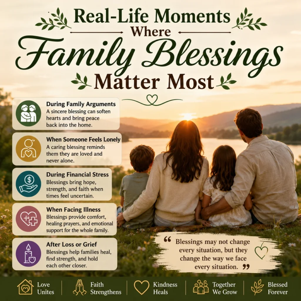 A peaceful family sits together near a lake at sunset beside inspirational text about real-life moments where family blessings bring comfort, healing, strength, and unity.