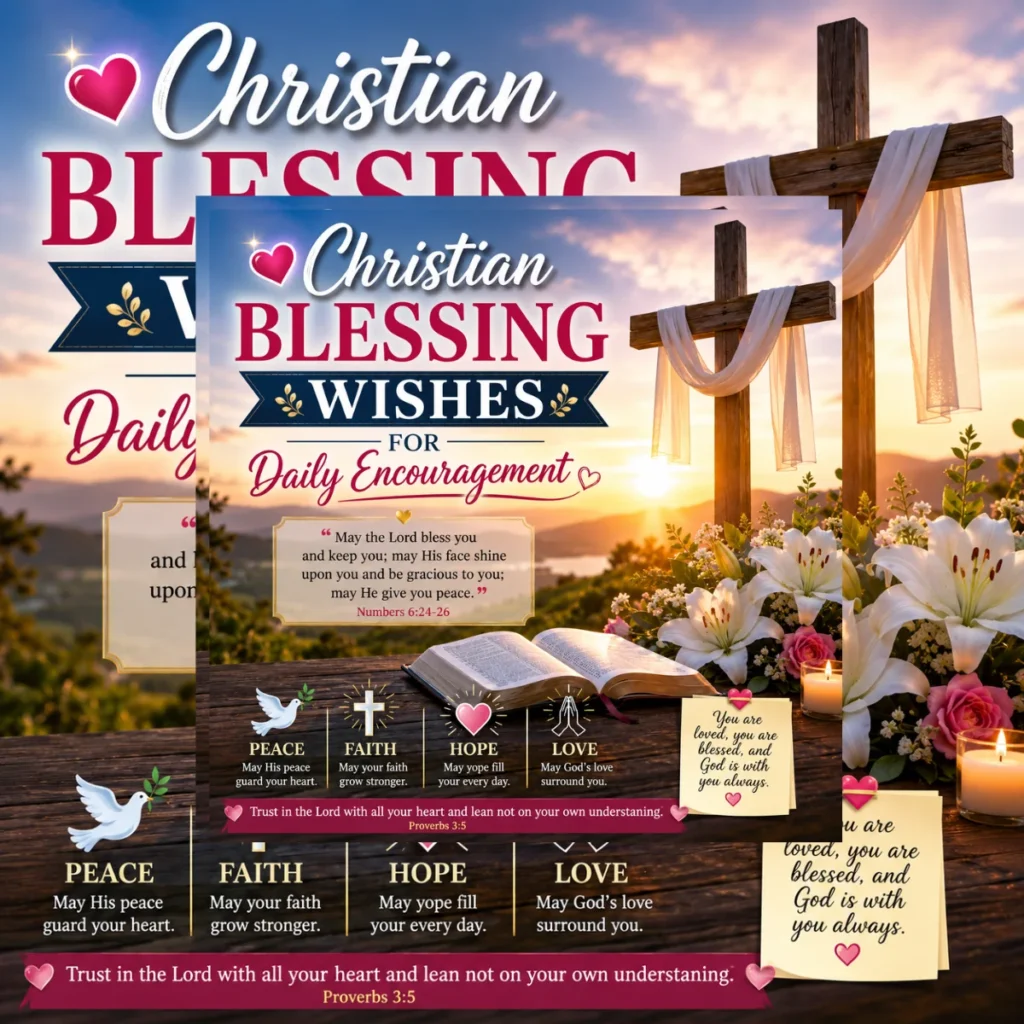 Square Christian encouragement image featuring a wooden cross, open Bible, flowers, sunrise landscape, and inspirational blessing quotes about peace, faith, hope, and love.