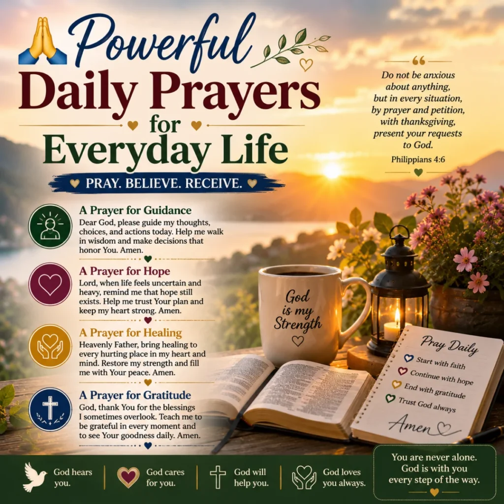 Inspirational Christian prayer image featuring the text “Powerful Daily Prayers for Everyday Life” over a peaceful sunrise landscape with an open Bible, coffee mug, lantern, flowers, and heartfelt daily prayer messages.