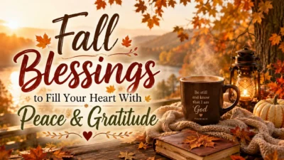 Fall blessings image with autumn leaves, a cozy Bible verse mug, lantern, and peaceful lake inspiring peace and gratitude.