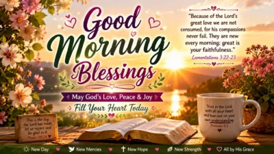Spiritual Bible verse good morning blessings GIF with sunrise, open Bible, coffee mug, flowers, and uplifting Scripture.
