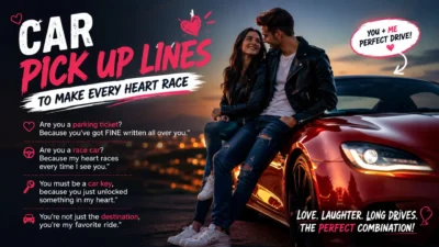 Car pick up lines poster featuring a smiling couple beside a red sports car at sunset