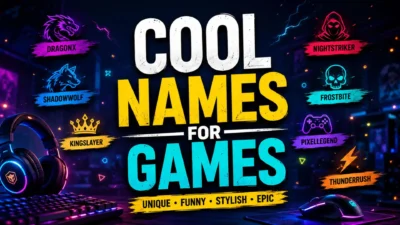 Cool names for games banner featuring neon gaming setup, creative gamer tags, RGB keyboard, headset, and esports-inspired design