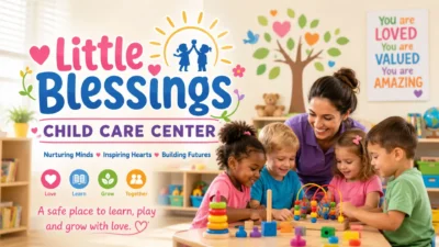 Little Blessings Child Care Center classroom with caring teacher and happy children learning, playing, and growing together.