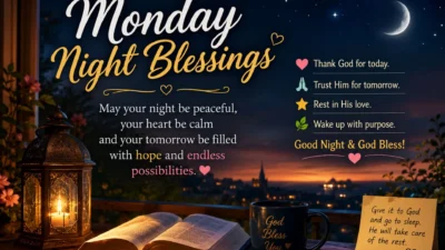 Monday night blessings image with peaceful moonlit sky, Bible, lantern, and inspiring Christian prayer for hope and restful sleep.