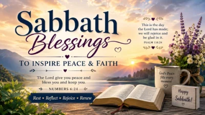 Sabbath blessings image with a sunrise, open Bible, flowers, peaceful lake, and inspiring messages about faith, rest, and God’s peace.