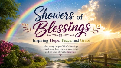 Showers of blessings with golden sunlight, gentle rain, rainbow, flowers, and a peaceful valley