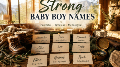 Elegant display of strong baby boy names with rustic baby accessories.