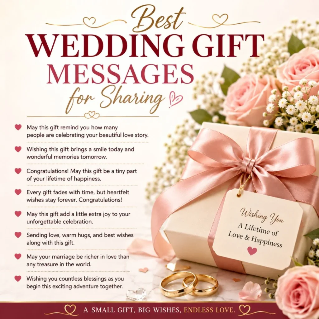 Best wedding gift messages for sharing with elegant gift box, pink roses, wedding rings, and heartfelt wishes