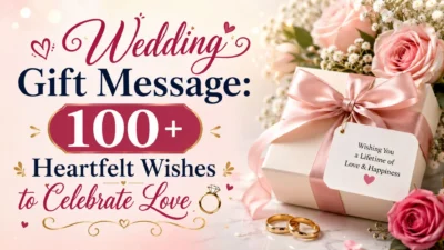 Wedding gift message banner with elegant gift box, roses, wedding rings, and 100+ heartfelt wishes to celebrate love
